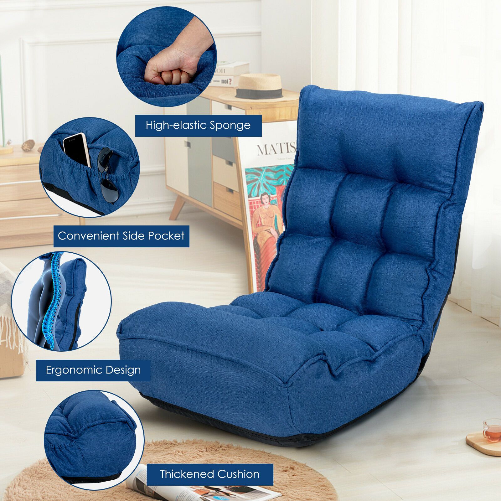 Folding Lazy Floor Chair with 5-Position Adjustable Head and Side Pocket